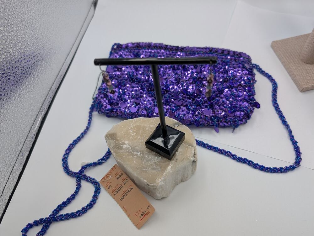 Magid VTG NWT Purple Sequin Beaded Clutch Bag & Dangle Earrings Set
